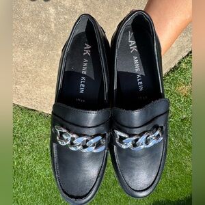 Anne Klein Black Loafers with Metallic Chain